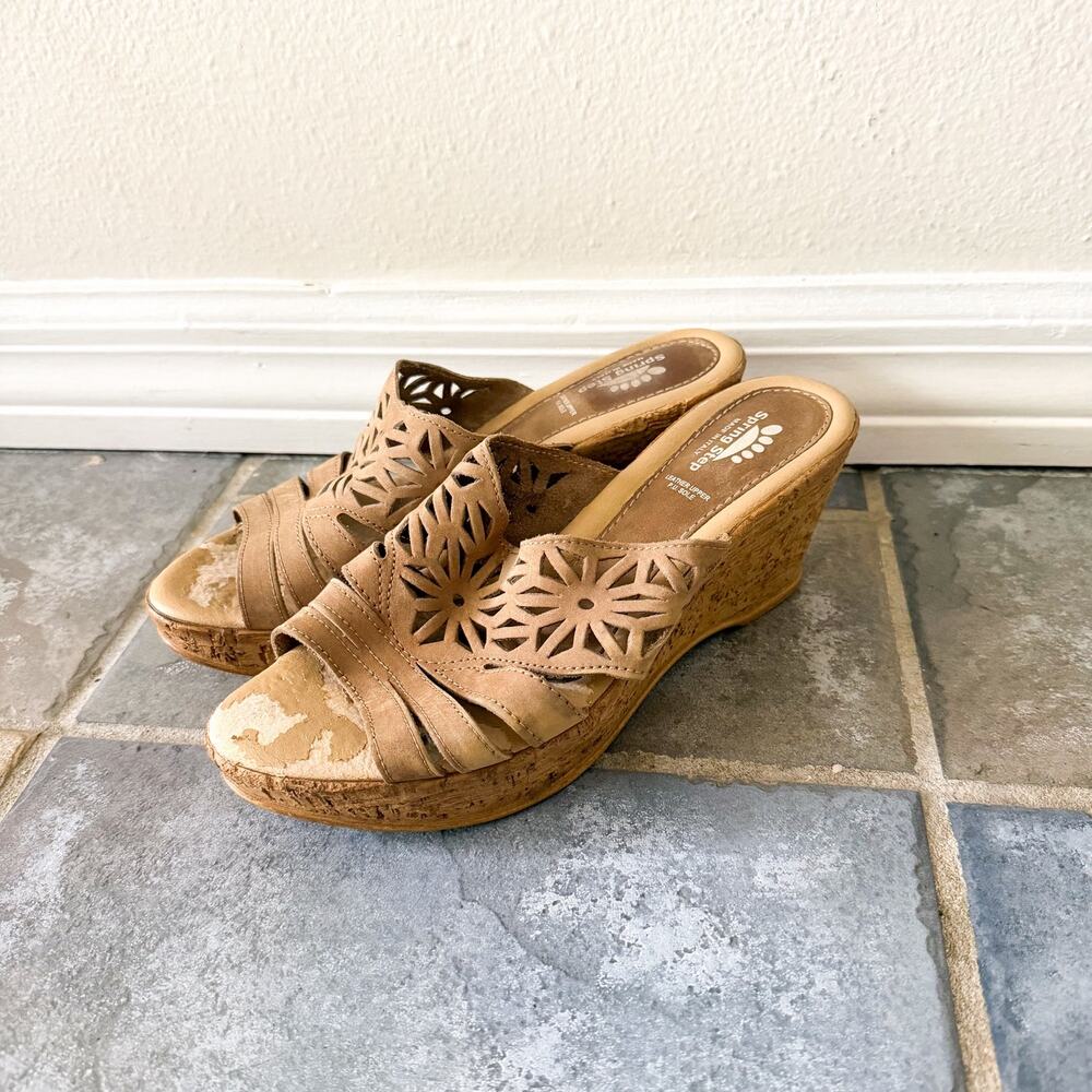 Spring Step Italy Leather Wedge Sandals Floral Cutout Size 8